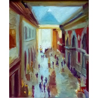 Hushed Echos by Pam Ingalls | Oil Painting of a bustling street scene with people and buildings. For Sale
