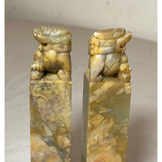 Green Pair Antique Hand Carved Chinese Hard Stone Chop Seal Block Foo Lion Sculpture For Sale - Image 8 of 13