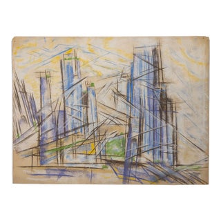 Mid-Century Modern Futurist-Style Cityscape Drawing, Pastel on Paper, Unsigned For Sale