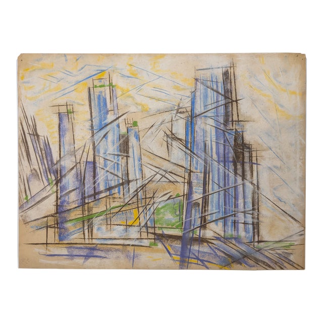 Mid-Century Modern Futurist-Style Cityscape Drawing, Pastel on Paper, Unsigned For Sale
