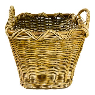 Vintage Square Handled Rattan Basket For Sale
