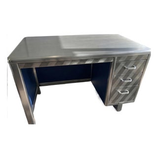 Mid-Century General Fireproofing Stripped Steel Tanker Desk With Ghost Stripe Pattern For Sale