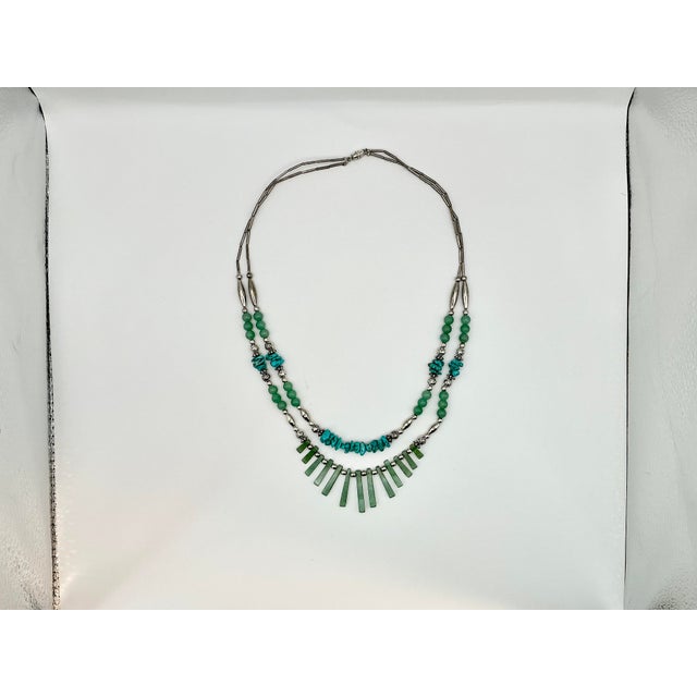 1970s Vintage Southwestern Mexican Boho Chic Double Strand Sterling, Turquoise & Jade Necklace For Sale - Image 18 of 18
