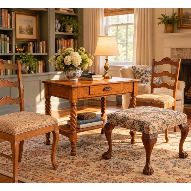 19th C. Tiger Oak One-Drawer Library Table - Twist Legs + Highly Detailed For Sale - Image 17 of 17