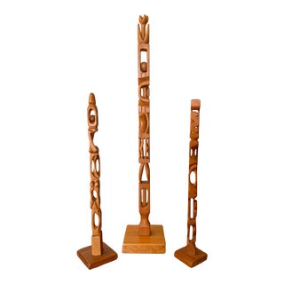 1960's Set of 3 Hand Carved Wooden Whimsy Folk Art Totem Sculptures For Sale