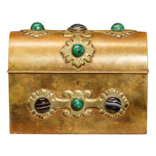 Stunning Cabochon Gemstone Antique Victorian Domed Brass Metal Desk Casket Box Home Decor For Sale