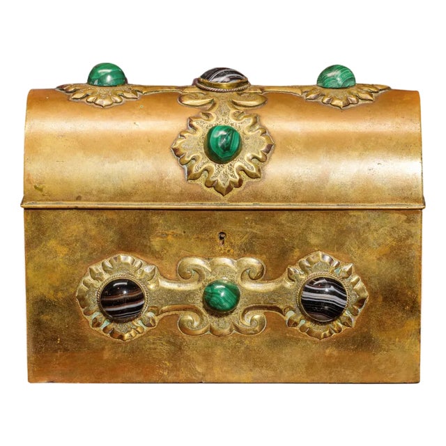 Stunning Cabochon Gemstone Antique Victorian Domed Brass Metal Desk Casket Box Home Decor For Sale