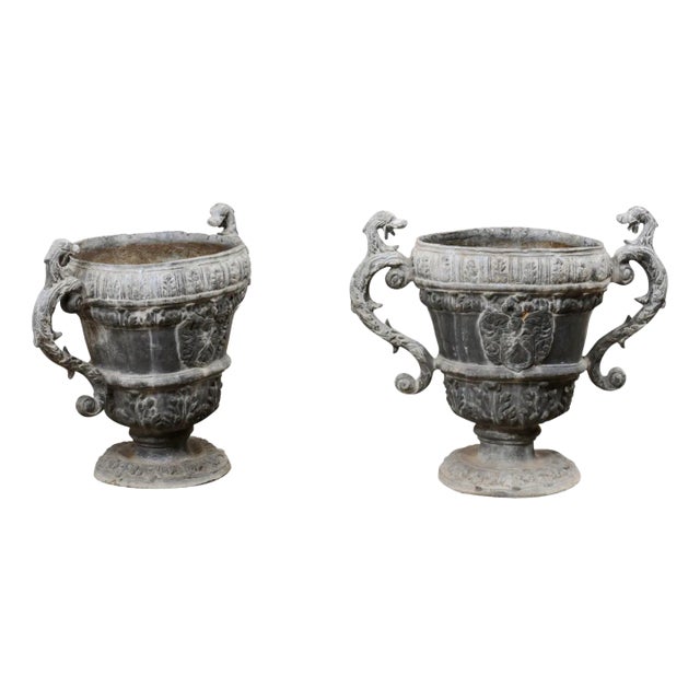 18th Century French Pair Lead Urn Planters For Sale