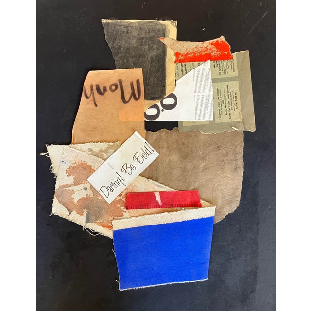 Fun colorful multi layer college using textiles, newspaper cuttings, and words. Titled "Darling! Be Bold" against a matte...