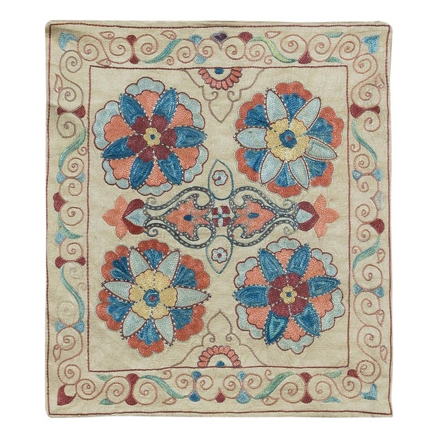 19"x21" 100% Silk Suzani Cushion Cover, Floral Hand Embroidery Uzbek Lace Pillow For Sale