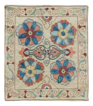 19"x21" 100% Silk Suzani Cushion Cover, Floral Hand Embroidery Uzbek Lace Pillow