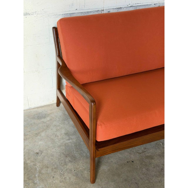 In Style of Ib Kofod-Larsen for Selig Teak Sofa Newly Reupholstered Danish Mid-Century Modern 1960s For Sale - Image 11 of 13