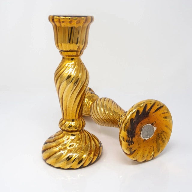 Brass 19th Century Gold Fluted Mercury Glass Candlesticks - Pair For Sale - Image 8 of 9
