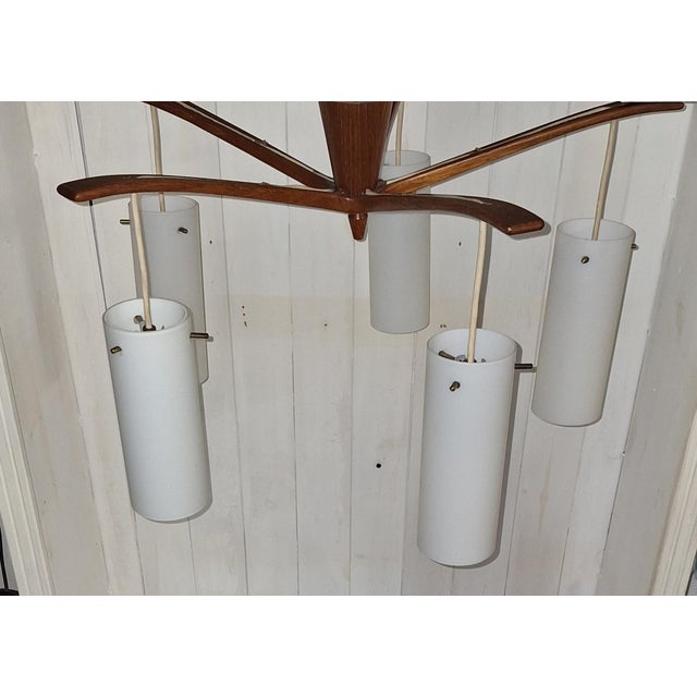 Vintage Mid-Century Danish Five-Light Ceiling Cascade Lamp with Teak Frame and White Satin Glass Shades, 1960s For Sale - Image 4 of 12