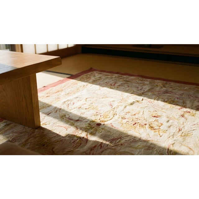 1870s Beige Floral Medallion Antique French Aubusson Rug 13'6" X 14'9" Flatweave Wool Carpet For Sale - Image 9 of 11