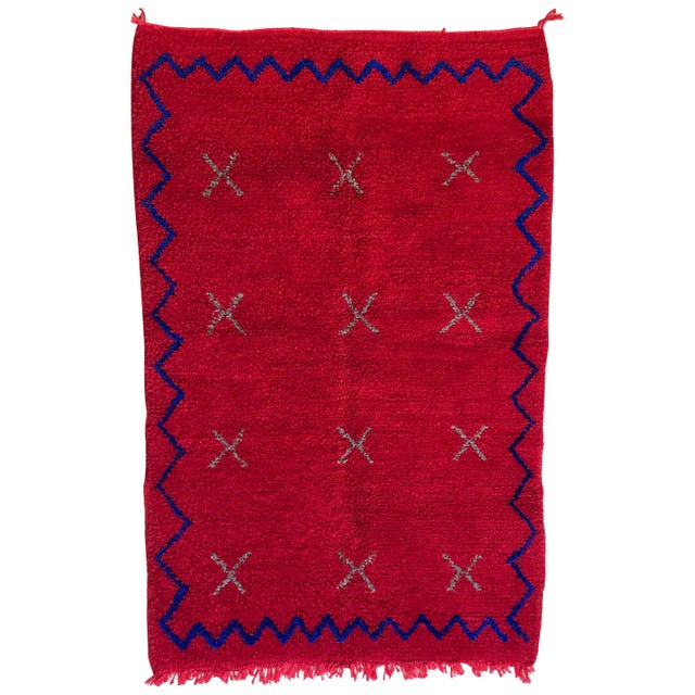 Bold Red Moroccan Wool Shag Rug Beni Ourain, Hand Knotted Boho Chic For Sale - Image 13 of 13