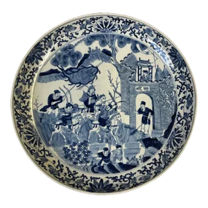 Chinese Blue & White Porcelain Horses Warriors Display Charger Plate