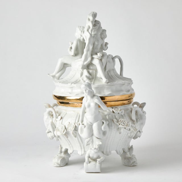 Traditional Antique Belgian Porcelain Covered Centerpiece /Mermaid, Dolphin and Shell Motifs For Sale - Image 3 of 13