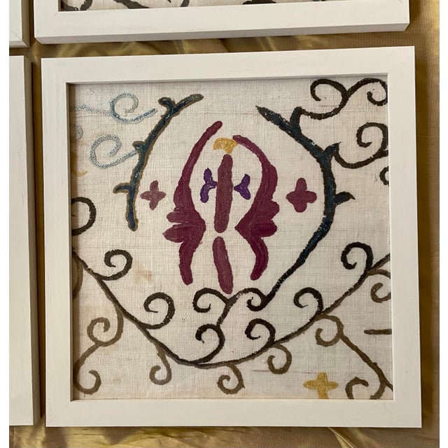 Set of 4 Antique Uzbek Suzani Textile Fragments - Framed Hand-Embroidery. For Sale In Miami - Image 6 of 10