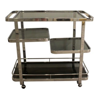 Postmodern Vintage Chrome and Smoked Glass Bar Cart on Casters For Sale