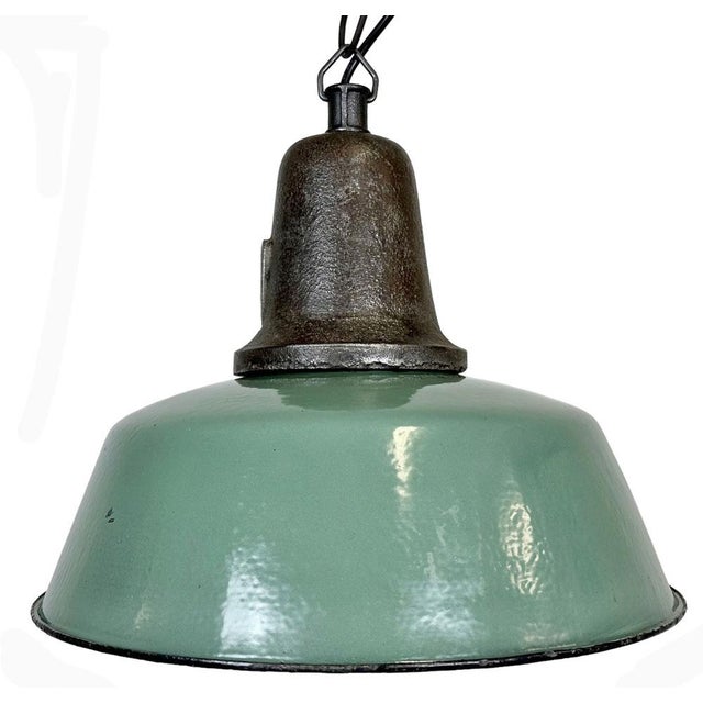 Industrial Green Enamel Factory Lamp with Cast Iron Top, 1960s For Sale - Image 17 of 17