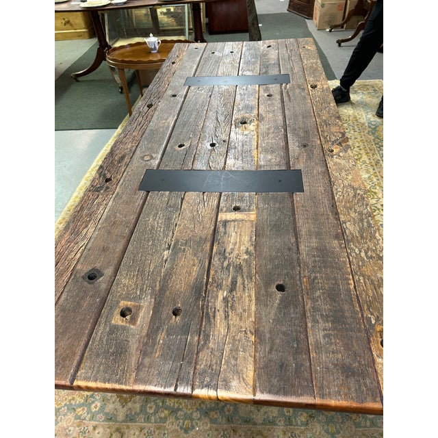 Industrial Rectangular Salvage Wood & Black Iron Table or Desk For Sale - Image 9 of 14
