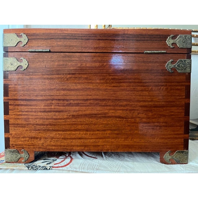 Late 20th Century Chinese Burl Wood Jewelry Chest Ornate Brass Hardware Green Silk Lining 9x14x10 For Sale - Image 11 of 11