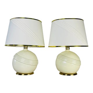 Vintage 1970s Cream & Gold Round Table Lamps, Pair For Sale