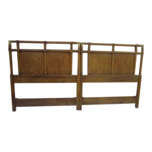 Mid Century Asian Campaign Style by Drexel Wood Brass Accent Twin Headboards - Set of 2