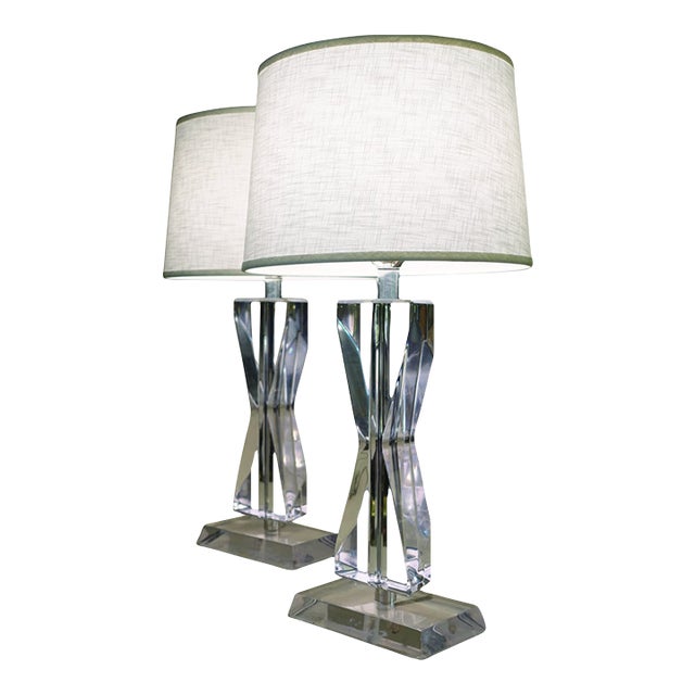 Matched Pair Xlarge Lucite Acrylic Astrolite Ritts Co. Geometric "Hourglass" Futuristic Modern Sculpture Table Lamps 1970's For Sale