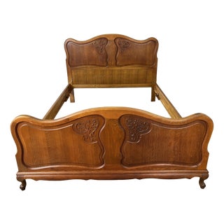 Vintage French Louis XVI Oak Double Bed Frame with Carved Headboard For Sale