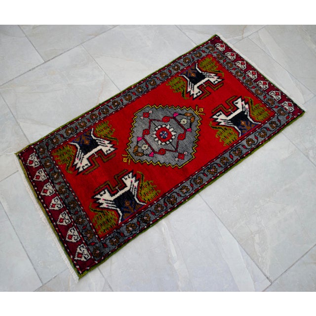 1970s Hand Knotted Turkish Small Rug Decorative Mat for Bathroom - Kitchen and Entryway - 20'' X 39'' For Sale - Image 13 of 14