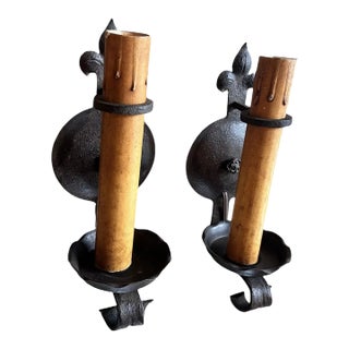 Pair Forged Iron Single Candle Sconces in Original Paint Circa 1920 For Sale