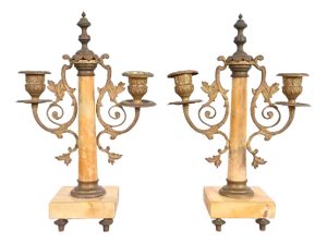 Antique French Art Nouveau Marble and Brass Two-Arm Candelabras, Pair