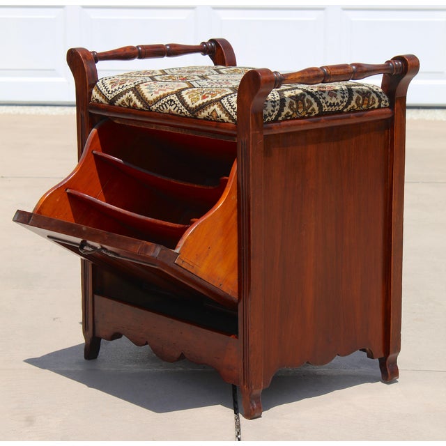 English Vintage English-Style Mahogany Hall Bench With Shoe Storage Cabinet & Upholstered Seat For Sale - Image 3 of 11