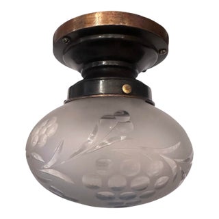 Starburst Leaves and Berries Wheel Cut Frosted Glass Flushmount on Old Painted Brass Holder, Circa 1920 For Sale