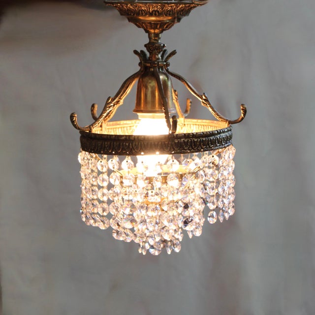 Victorian Vintage Brass Ceiling Fixture With Crystal Beads For Sale - Image 3 of 6