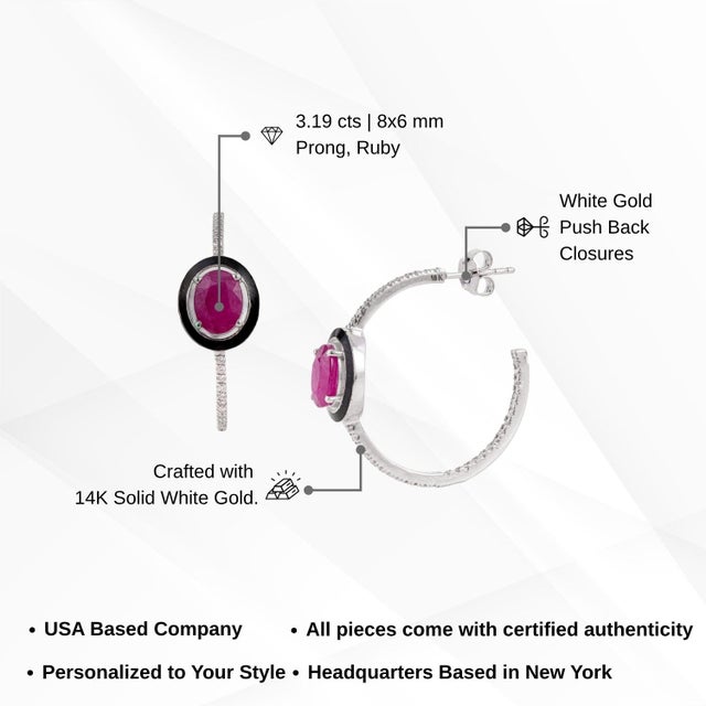 Art Deco 14k White Gold 3.19ct Ruby, Diamond & Black Enamel Hoop Earrings- A Pair For Sale - Image 12 of 16