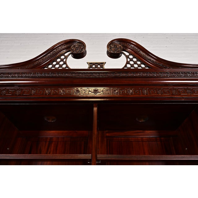 Baker Furniture Style English Georgian Carved Mahogany Breakfront Bookcase Cabinet With Drop Front Secretary Desk For Sale In South Bend - Image 6 of 13