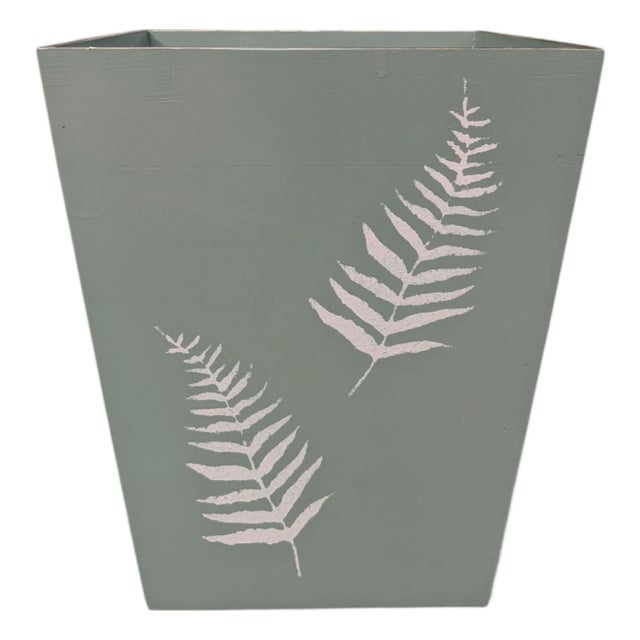 Custom Made Sage Green Fern Wastebasket For Sale