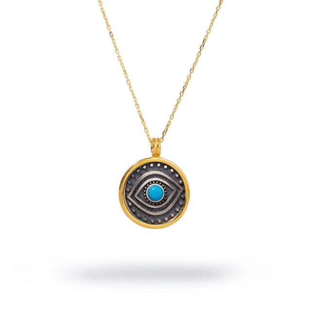 Early 21st Century Turquoise & Sterling Silver Positive Energy Pendant Gold Necklace For Sale - Image 5 of 9