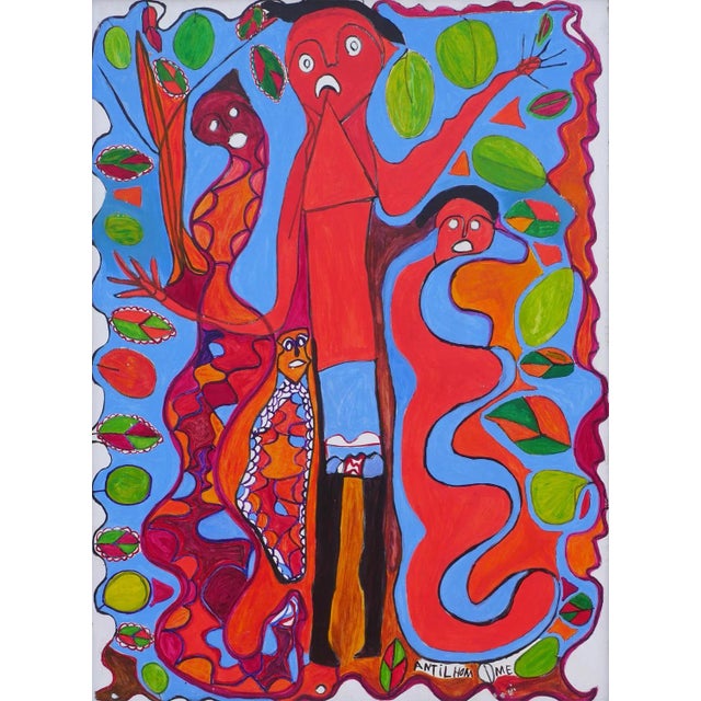 Textile Late 20th Century Late 20th Century Red & Blue Abstract Figurative Painting With Four Figures and Botanical Elements By For Sale - Image 7 of 13