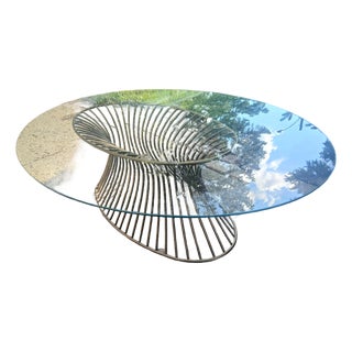 1980s Wrought Iron Gold Wired Cage and Glass Oval Coffee Table For Sale