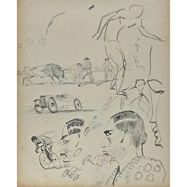Sportsmen is an original Drawing on paper realized by French painter Norbert Meyre in the mid-20 century. Drawing in pen...