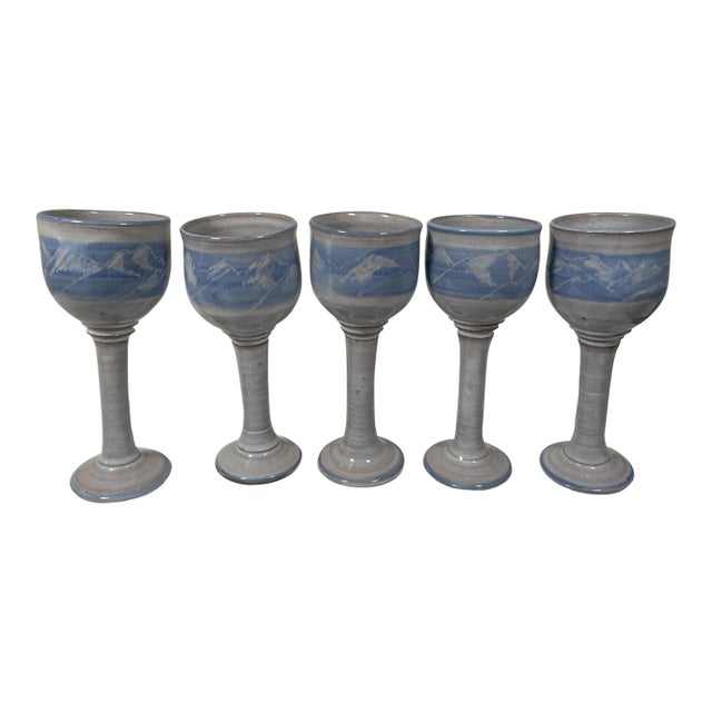 Vintage Signed Studio Pottery Chalice Wine Goblets Set of 5 Mountain Art For Sale