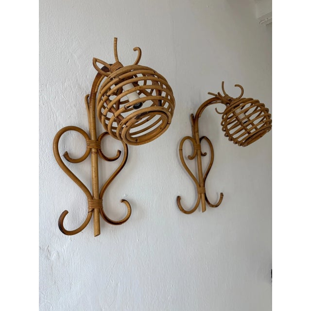 Wood Midcentury Rattan Bamboo Lantern Pair Louis Sognot Style Italy 1960 For Sale - Image 7 of 11