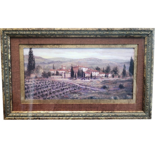 Lovey vintage Joe Sambatoro Tuscan landscape print in rustic frame, reproduction of his painting "Uzzano", triple matted,...