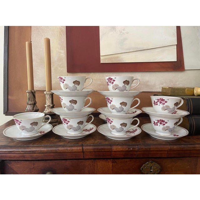 Vintage Noritake Geranium Burgundy and Gray Teacups and Saucers - Set of Nine (9) For Sale - Image 9 of 9