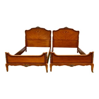 Pair of Carved & Inlaid Satinwood Twin Size Beds W/Brass Ormolu For Sale