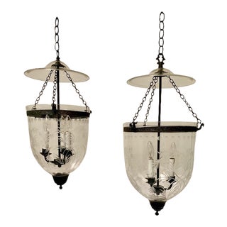 1940s Different Sized Identical Etched Glass Bell Jar Fixtures - Set of 2 For Sale